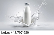 Glass Milk Bottle with Splashing Fresh Cows Milk, Dynamic Dairy Shot. Стеклянная бутылка молока с брызгами свежего коровьего молока, динамичный снимок молочной продукции. Стоковое AI-изображение, AI-художник Katsiaryna Repich / Фотобанк Лори