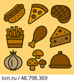 Коллекция иконок с хот-догом, пиццей, грибами, сыром и чесноком в детском мультяшном стиле. Подходит для меню кафе, упаковки снеков и фуд-иллюстраций. Стоковая иллюстрация, иллюстратор Владислав Войтов / Фотобанк Лори