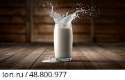 Glass of Fresh Cow's Milk with Splashes, Dynamic Dairy Promotion Shot on Rustic Wooden Background. Стакан свежего коровьего молока с брызгами, динамический молочный рекламный снимок на деревенском деревянном фоне. Стоковое AI-изображение, AI-художник Katsiaryna Repich / Фотобанк Лори