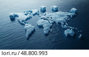 Top-down view of melting ice cubes forming a world map shape, symbolizing global warming. Вид сверху вниз на тающие кубики льда, образующие форму карты мира, символизирующей глобальное потепление. Стоковое AI-изображение, AI-художник Katsiaryna Repich / Фотобанк Лори
