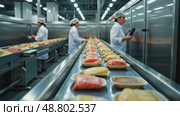 A food processing plant, with stainless steel conveyor belts carrying packaged goods, workers in hairnets monitoring the line under bright light. Стоковое AI-видео, аниматор Sergey Grishin / Фотобанк Лори