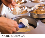 Ball of vanilla ice cream in ice cream razor in cafe. Стоковое фото, фотограф Татьяна Яцевич / Фотобанк Лори