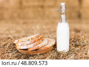 Milk bottle and slices of fresh wheat bread on hay. Стоковое фото, фотограф Татьяна Яцевич / Фотобанк Лори