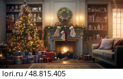 mantel blurred christmas interior ai generated. Стоковое AI-изображение, AI-художник Vectorwin / Фотобанк Лори
