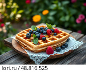 Belgian waffles with golden honey and fresh blueberries, raspberries and mint leaves on a rustic wooden table with a beautiful napkin. Delicious dessert. Copy space. Стоковое AI-изображение, AI-художник Iva Noel / Фотобанк Лори