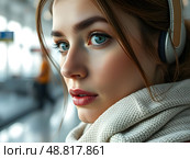 Девушка в наушниках в аэропорту. Стоковое AI-изображение, AI-художник Boostport / Фотобанк Лори