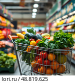 Vibrant supermarket trolley overflowing with crisp fresh vegetables and juicy fruits, set against blurred background of a store interior. Стоковое AI-изображение, AI-художник Iva Noel / Фотобанк Лори