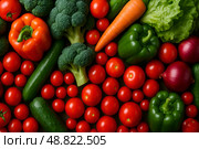 Edible colorful background of freshly picked vegetables: pumpkin, cucumbers, zucchini, potatoes, carrots, broccoli, tomatoes, red onions and peppers. Healthy organic vitamin food for vegans and vegetarians. Стоковое AI-изображение, AI-художник Iva Noel / Фотобанк Лори