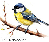 Titmouse. Watercolor illustration on white background. Стоковое AI-изображение, AI-художник Ирина Самойлова / Фотобанк Лори