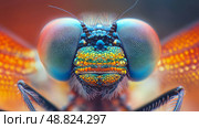 Detailed close-up of a vibrant dragonfly showcasing intricate eye. Стоковое AI-изображение, AI-художник Михаил Коханчиков / Фотобанк Лори