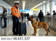 Security officer with sniffer dog inspecting luggage at airport terminal. Стоковое AI-изображение, AI-художник Александра Рублева / Фотобанк Лори