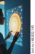 A woman interacting with a hologram, front view, bright lighting, friendly color palette with soft blues and yellows. modern hi-tech interface communication concept. Стоковое AI-видео, аниматор Sergey Grishin / Фотобанк Лори