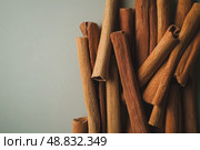 Cinnamon background. Pile of cinnamons stick top view. Cinnamomum cassia close up. Spice for the Holidays. Assortment of spices. Cinnamon bark is a spice used for sweet and savory dish. Стоковое AI-изображение, AI-художник Марина Демидюк / Фотобанк Лори