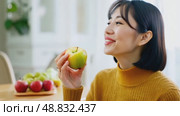 Beautiful, attractive, Asian woman in yellow sweater and shining smile confidently looking at camera, 4k, active lifestyle. Business concept, thinking about something, passionate about hobby. Стоковое AI-видео, аниматор ALLA YURTAYEVA / Фотобанк Лори