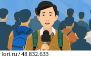 A male reporter, dressed in a brown jacket with a green backpack, speaks into a microphone in front of a crowd. Few people are visible in the background. Стоковое AI-изображение, AI-художник Данила Большаков / Фотобанк Лори