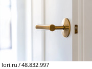 Golden Doorknob. Metal door handle lock and latch of brass on veneer doors. Copper door handle. White door wooden half opening through interior background. Modern trends in interior design. Close-up. Стоковое AI-изображение, AI-художник Марина Демидюк / Фотобанк Лори
