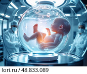 Научный лабораторный эксперимент с эмбрионом, помещенным в биогель под наблюдением исследователей. Стоковое AI-изображение, AI-художник Сергей Никифоров-Гордеев / Фотобанк Лори