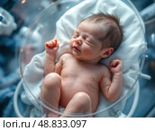 Новорожденный находится в температурно контролируемой искусственной утробе, подключенной к системам жизнеобеспечения под светом. Нежный свет подчеркивает детали тела. Стоковое AI-изображение, AI-художник Сергей Никифоров-Гордеев / Фотобанк Лори
