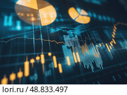 Abstract financial data display with blue and orange lines and graphs. Futuristic analytics dashboard with vibrant screen monitor. Data visualizations, advanced technology. Technical growth, progress. Стоковое AI-изображение, AI-художник Марина Демидюк / Фотобанк Лори