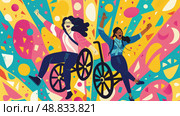 A colorful illustration depicts two women, one in a wheelchair, celebrating life with joy and exuberance against an abstract background. Стоковое AI-изображение, AI-художник Данила Большаков / Фотобанк Лори