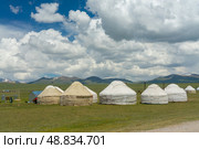 Scenic Kyrgyz yurts spread across Son-Kul's grassy plains with towering peaks and a vast sky enhancing the serene vista. A serene array of white Kyrgyz yurts stands on the lush plains by Son-Kul Lake under the expansive sky, offering a peaceful retreat amidst the remote, mountainous terrain of Kyrgyzstan. (2019 год). Стоковое фото, фотограф Андрей Ка / Фотобанк Лори