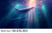 Humpback whales swimming gracefully in a serene ocean illuminated by sunlight. Стоковое AI-изображение, AI-художник Сергей Толмачёв / Фотобанк Лори