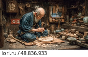Японский резчик по дереву в мастерской в 1860 г. Стоковое AI-изображение, AI-художник HenSmith / Фотобанк Лори