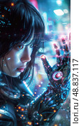 A woman with cybernetic enhancements stands in a futuristic city, using technology to interact with the digital world around her. Стоковое AI-изображение, AI-художник Данила Большаков / Фотобанк Лори
