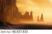 Breathtaking sunset over rocky coastline with formations along the beach. Стоковое AI-изображение, AI-художник Татьяна  Бральнина / Фотобанк Лори