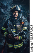 A firefighter in full gear stands with a serious expression, holding a book in front of a digital map of the world. He is ready to respond to any emergency, anywhere. Стоковое AI-изображение, AI-художник Данила Большаков / Фотобанк Лори