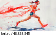 A watercolor painting depicting a female runner in mid-stride with red ribbon streamers trailing behind her as she competes in a race. Стоковое AI-изображение, AI-художник Данила Большаков / Фотобанк Лори