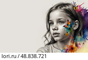 Монохромный портрет девочки с цветными элементами;Monochrome portrait of a girl with colored elements; Стоковое AI-изображение, AI-художник Наталья Расюк / Фотобанк Лори