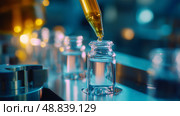 Close-up of a dropper releasing liquid into a glass vial in a laboratory setting during the evening. Стоковое AI-изображение, AI-художник Сергей Толмачёв / Фотобанк Лори