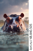 Hippo Surfacing in Tranquil Waters During Sunset in African Wetland Environment. Стоковое AI-изображение, AI-художник Юлия Гапеенко / Фотобанк Лори