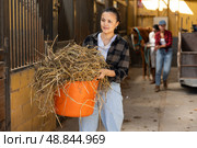 Young woman with bucket of hay in stables. Стоковое фото, фотограф Яков Филимонов / Фотобанк Лори