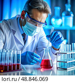 A skilled scientist in protective gear carefully mixes vibrant liquids in a laboratory. Bright beakers and glassware surround him, highlighting the intricate process of discovery and experimentation. Стоковое AI-изображение, AI-художник Ольга Игнашина / Фотобанк Лори