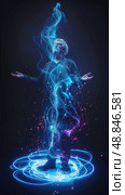 A man stands in a dark room surrounded by blue light emanating from his body, while performing a magic trick. Стоковое AI-изображение, AI-художник Данила Большаков / Фотобанк Лори