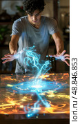 Mystical Young Man Conjuring Holographic Energy on a Vibrant Table for Futuristic Innovation Poster. Стоковое AI-изображение, AI-художник Данила Большаков / Фотобанк Лори