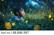 A young child lays in a field of tall grass, gazing up at the fireflies glowing in the night sky. Стоковое AI-изображение, AI-художник Данила Большаков / Фотобанк Лори