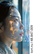 A woman gazes through a futuristic window with glowing circuits on her face, symbolizing the blend of tech and human consciousness in a compelling manner. Стоковое AI-изображение, AI-художник Данила Большаков / Фотобанк Лори