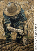 A detailed illustration of a farmer kneeling in a field, tending to young plants. The farmer wears a wide-brimmed hat and is working against a background of stylized waves. Стоковое AI-изображение, AI-художник Данила Большаков / Фотобанк Лори