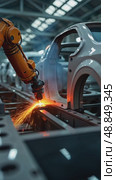 A close-up of robotic arms welding car frames in an automotive factory, sparks flying as orange light reflects off metallic surface. Стоковое AI-видео, аниматор Sergey Grishin / Фотобанк Лори
