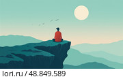 A person sits in meditation on a mountaintop, overlooking a vast landscape as the sun sets. Стоковое AI-изображение, AI-художник Данила Большаков / Фотобанк Лори