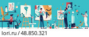 A colorful illustration of artists working in a studio, painting on canvases with easel stands. There are plants and other artistic materials in the background. Стоковое AI-изображение, AI-художник Данила Большаков / Фотобанк Лори