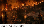 An aerial view of a forest fire burning at night, engulfing homes and trees. The flames illuminate the smoke-filled sky, creating a scene of devastation. Стоковое AI-изображение, AI-художник Данила Большаков / Фотобанк Лори
