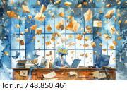 A man works at a desk with his head replaced by a cloud of flowers. Envelopes are raining down on him from the window. Стоковое AI-изображение, AI-художник Данила Большаков / Фотобанк Лори
