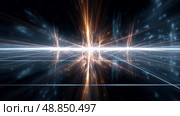 Electromagnetic field visualization, neon colors and flowing current lines. Chaotic lightning grid pattern, bright electric energy on dark tech grid. Energy wave color gradient, abstract electric particles in motion. Стоковое AI-изображение, AI-художник ALLA YURTAYEVA / Фотобанк Лори