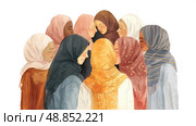 A digital painting of a group of women standing in a circle, all wearing colorful hijabs. The women are facing inward, with their heads bowed, creating a sense of intimacy and unity. Стоковое AI-изображение, AI-художник Данила Большаков / Фотобанк Лори