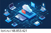 Digital system for transferring documents. FTP(File Transfer Protocol) files receiver and computer backup copy. File sharing isometric. Exchange information and data with internet. Стоковое AI-изображение, AI-художник Sergey Grishin / Фотобанк Лори