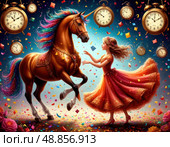 A girl is dancing with a unicorn in front of a wall of clocks. Стоковое AI-изображение, AI-художник Ярославский Максим / Фотобанк Лори